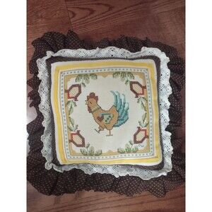 Handmade Needlepoint Rooster Chicken Square Throw Pillow for Couch